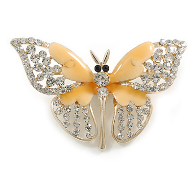Dazzling Diamante /Magnolia Enamel Butterfly Brooch In Gold Plaiting - 70mm Width - main view