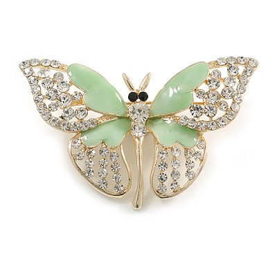 Dazzling Diamante/ Pale Blue Enamel Butterfly Brooch In Gold Plaiting - 70mm Width - main view