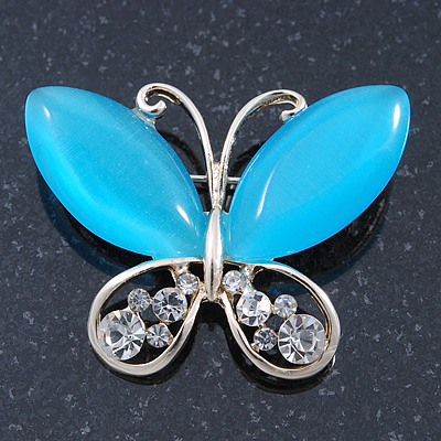 Sky Blue Cat's Eye Stone/ Diamante Butterfly Brooch In Gold Plating - 40mm Width
