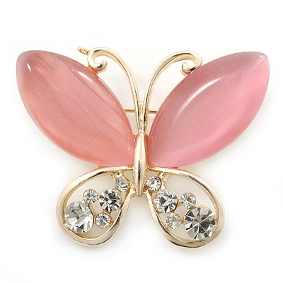 Pink Cat's Eye Stone/ Diamante Butterfly Brooch In Gold Plating - 40mm Width - main view