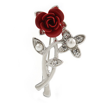 Classic Red Rose With Simulated Glass Pearls Brooch In Rhodium Plating - 35mm Across