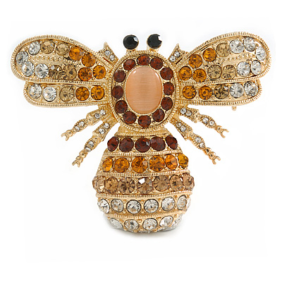 Stunning Large Swarovski Crystal 'Bumblebee' Brooch In Gold Plating (Clear/ Citrine/ Amber/ Topaz Coloured) - 60mm Width