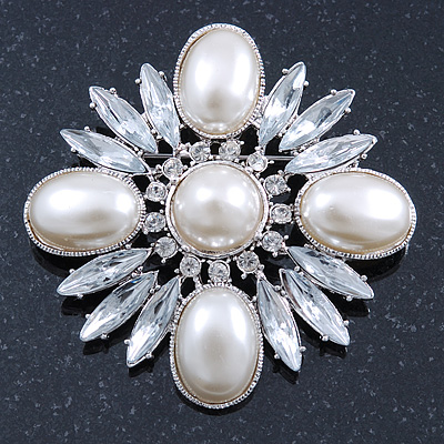 Bridal Vintage Inspired Clear Crystal, White Simulated Pearl Square Brooch In Silver Tone Metal - 60mm Across