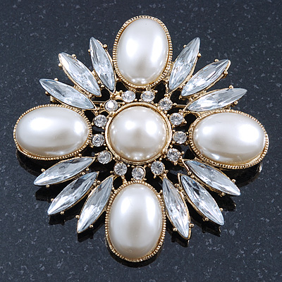 Bridal Vintage Inspired Clear Crystal, White Simulated Pearl Square Brooch In Gold Plating - 60mm Across