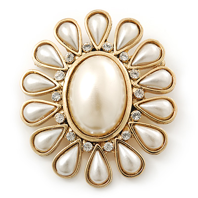 Vintage Inspired Gold Plated Simulated Pearl, Crystal Oval Brooch - 55mm Across - main view