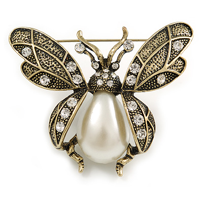 Vintage Inspired Crystal, Simulated Pearl 'Bumble Bee' Brooch In Antique Gold Tone - 60mm Across - main view