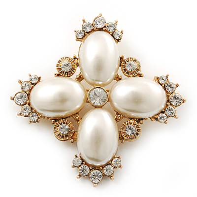 Vintage Inspired Small Simulated Pearl, Diamante 'Cross' Brooch In Gold Plating - 55mm Across