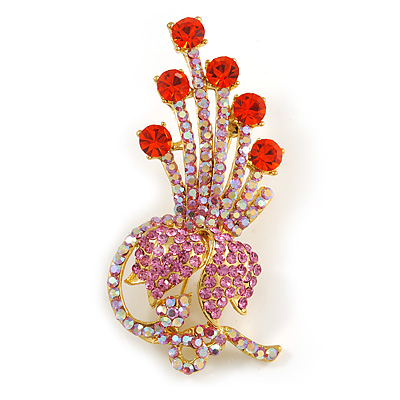Orange Red, Pink, AB Austrian Crystal Floral Brooch In Bright Gold Metal - 65mm Length