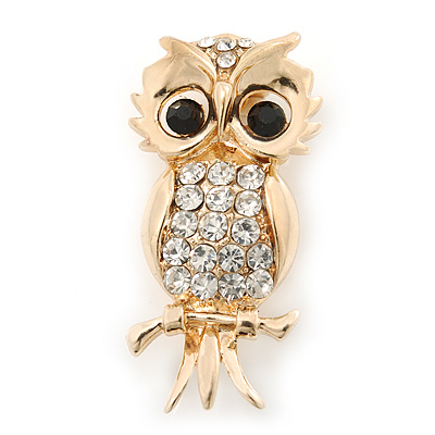 Gold Plated Crystal 'Owl' Brooch - 40mm Length