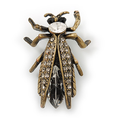 Vintage Inspired Clear Diamante 'Fly' Brooch In Bronze Tone - 35mm Length