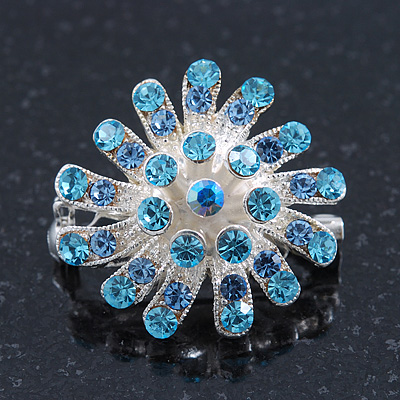 Small Light Blue Diamante Cluster Floral Brooch In Rhodium Plating - 25mm Width
