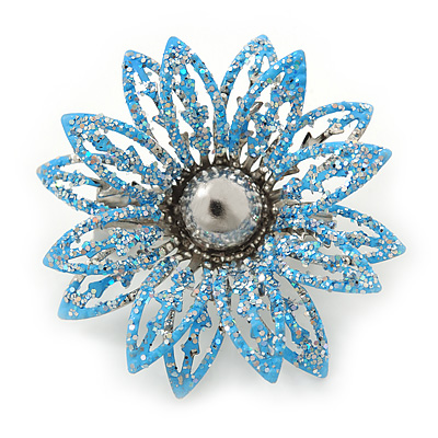 Small 3D Glittering Light Blue Flower Brooch In Silver Tone - 30mm Diameter