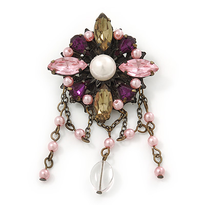 Vintage Inspired Multicoloured Simulated Pearl, Acrylic Bead Charm Brooch In Bronze Tone - 70mm Length