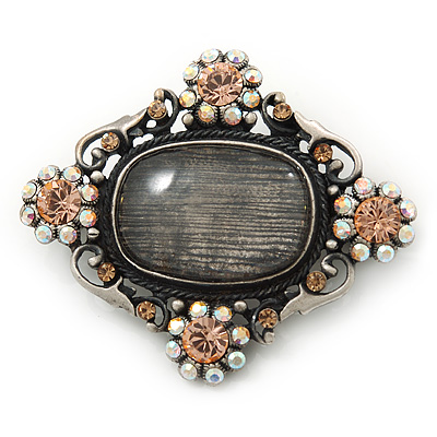 Vintage Inspired Oval Diamante Glass Brooch In Burn Silver Tone - 47mm Width