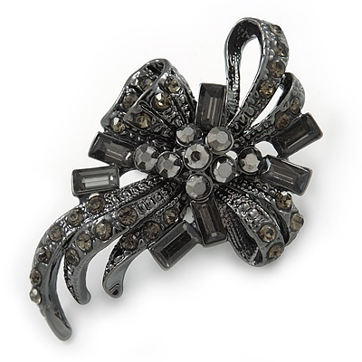Vintage Inspired Hematite Crystal Fancy 'Ribbon' Brooch In Gun Metal - 45mm Length