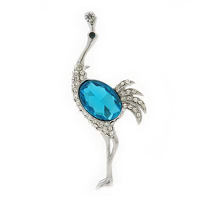 Rhodium Plated Teal, Clear Crystal 'Ostrich' Brooch - 70mm Length
