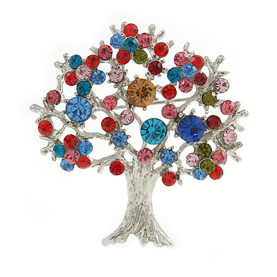 Multicoloured 'Tree Of Life' Brooch In Silver Tone Metal - 52mm Tall