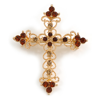 Victorian Style Diamante, Filigree 'Cross' Brooch In Gold Plating - 57mm Length - main view