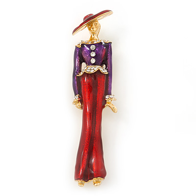 Elegant Lady Enamel Diamante Brooch In Gold Plating (Violet, Red) - 65mm Length