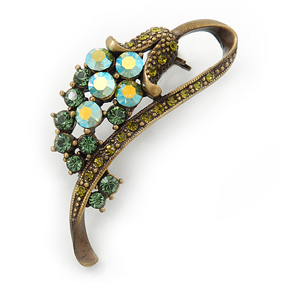 Vintage Inspired AB, Green Austrian Crystal 'Grapes' Brooch In Bronze Tone - 44mm Length