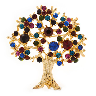Multicoloured Crystal 'Tree Of Life' Brooch In Gold Plated Metal - 52mm L