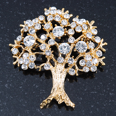 Clear Crystal 'Tree Of Life' Brooch In Gold Plating - 52mm Length