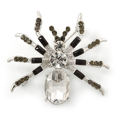 Clear/ Grey Crystal, Black Enamel 'Spider' Brooch In Rhodium Plating - 40mm Width