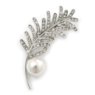 Delicate Rhodium Plated Crystal, Simulated Pearl 'Leaf' Brooch - 60mm Length