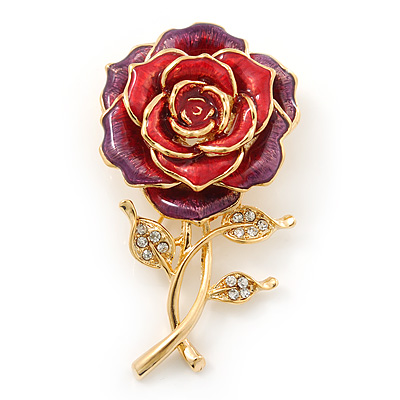 Red Enamel Crystal 'Rose' Brooch In Gold Plating - 60mm Length