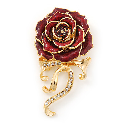 Burgundy Red Enamel Rose With Crystal Bow In Gold Plating - 65mm Length - main view