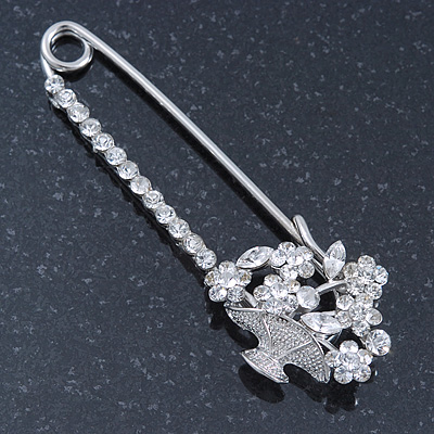 Rhodium Plated Crystal 'Flower Basket' Safety Pin - 75mm Length