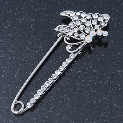 Rhodium Plated Crystal 'Butterfly' Safety Pin - 75mm Length - main view