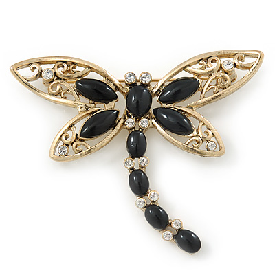 Gold Tone Filigree With Black Stone 'Dragonfly' Brooch - 70mm Width - main view