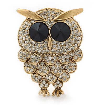 Clear Swarovski Crystal 'Owl' Brooch In Gold Plating - 47mm Length