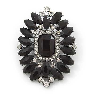 Victorian Style Black, Clear Acrylic Stone Oval Brooch In Gun Metal - 50mm Length