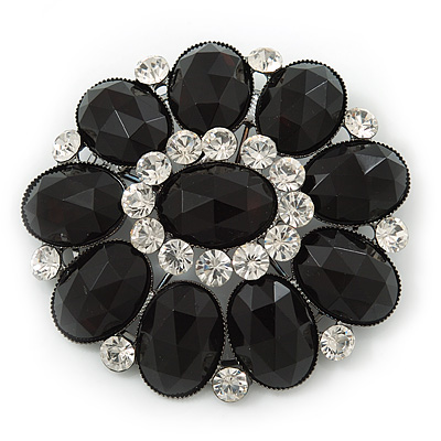 Victorian Style Black, Clear Acrylic Stone Floral Brooch In Gun Metal - 60mm Length