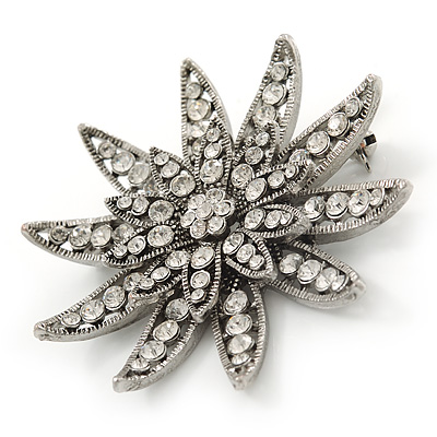 Silver Tone Clear Swarovski Crystal 3D 'Lotus' Brooch - 60mm Diameter