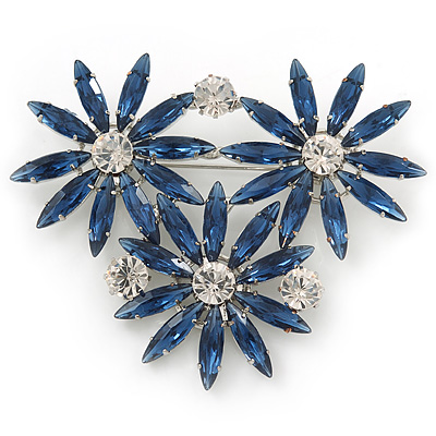 Cobalt Blue, Clear Triple Flower Corsage Brooch In Silver Tone - 75mm Across
