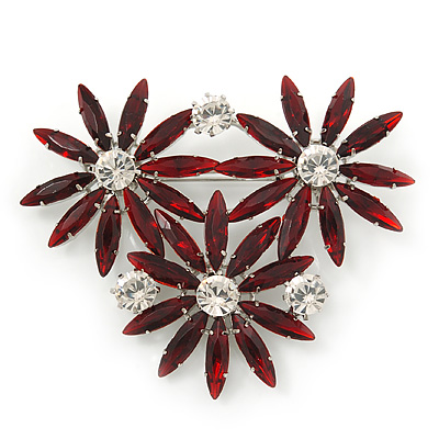 Dark Red, Clear Triple Flower Corsage Brooch In Silver Tone - 75mm Across