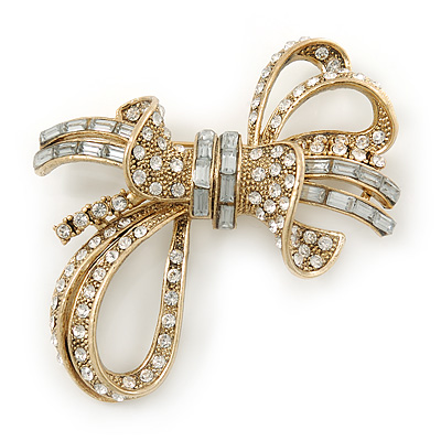 Contemporary CZ, Crystal Textured Bow Brooch In Gold Plating - 60mm Length