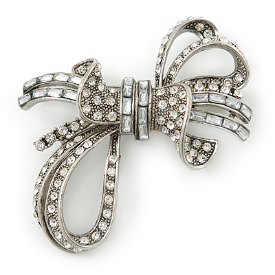 Contemporary CZ, Crystal Textured Bow Brooch In Silver Plating - 60mm Length