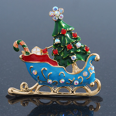 Gold Plated Multicolored Enamel, Crystal Christmas Sleigh Brooch- 53mm Length