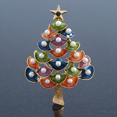 Multicoloured Enamel Simulated Pearl Christmas Tree Brooch In Gold Plating - 55mm Length