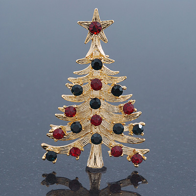 Red, Green Austrian Crystals Christmas Tree Brooch In Gold Plating - 55mm Length