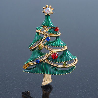 Multicoloured Austrian Crystals Green Enamel Christmas Tree Brooch In Gold Plating - 55mm Length