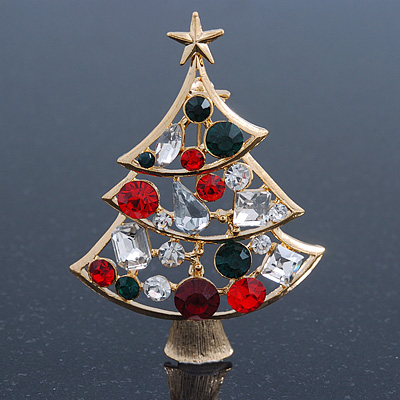 Holly Jolly Red, Green, Clear Austrian Crystals Christmas Tree Brooch In Gold Plating - 65mm Length
