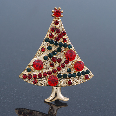Red, Green Austrian Crystals Christmas Tree Brooch In Gold Plating - 50mm Length