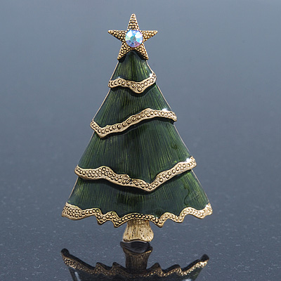 Green Enamel 'Christmas Tree' Brooch In Gold Plating - 6cm Length - main view