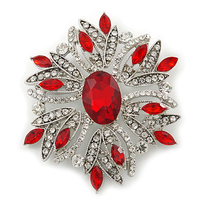 Stunning Bridal Red, Clear Austrian Crystal Corsage Brooch In Rhodium Plating - 60mm Length
