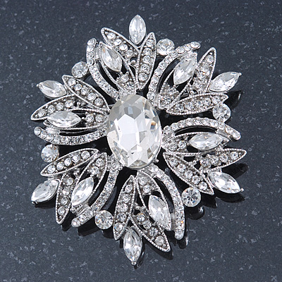 Stunning Bridal Clear Austrian Crystal Corsage Brooch In Rhodium Plating - 60mm Length